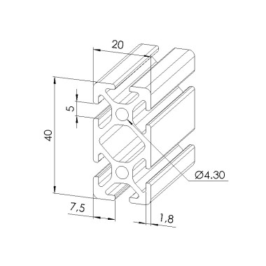 Schéma cotes - Profilé aluminium (Coupe max 3 m) – Rainure 5 mm – Section 40x20 mm - Elcom shop