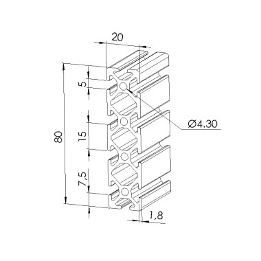 Schéma cotes - Profilé aluminium (Coupe max 3 m) – Rainure 5 mm – Section 80x20 mm - Elcom shop