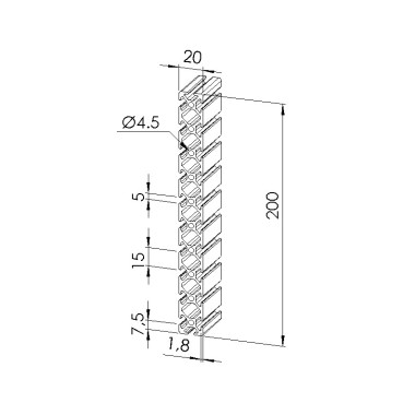 Schéma cotes - Profilé aluminium (Coupe max 3 m) – Rainure 5 mm – Section 200x20 mm - Elcom shop