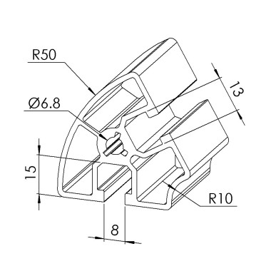Profilé aluminium (Barre de 6 m) - Rainure 8 mm - Section R45/90-60° - Léger