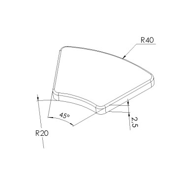 Schéma cotes - Embout profilé aluminium - Rainure 5 mm – Section R20/40mm - 45° - Elcom shop