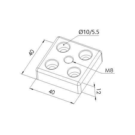 Schéma cotes - Plaque de base profilé aluminium – 5 mm - Section 40x40 mm – Taraudage M8 - Elcom shop