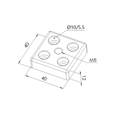 Schéma cotes - Plaque de base profilé aluminium – 5 mm - Section 40x40 mm – Taraudage M8 - Elcom shop