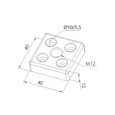 Schéma cotes - Plaque de base profilé aluminium – 5 mm - Section 40x40 mm – Taraudage M12 - Elcom shop