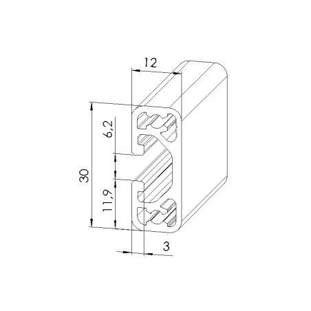 Schéma cotes - Profilé aluminium (Coupe max 3 m) – 6 mm – Section 30x12 mm - Léger - Elcom shop