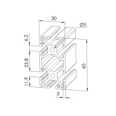 Schéma cotes - Profilé aluminium (Coupe max 6 m) – 6 mm – Section 60x30 mm - Léger - Elcom shop