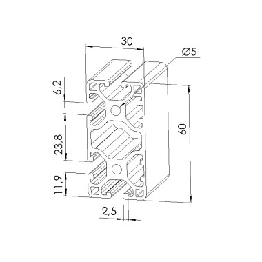 Schéma cotes - Profilé aluminium (Coupe max 6 m) – Rainure 6 mm – 60x30 mm – 2N - Léger - Elcom shop