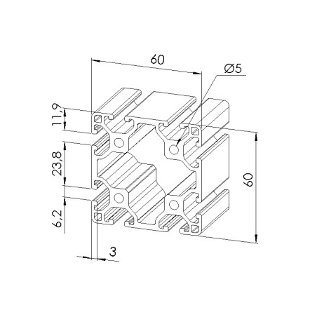 Schéma cotes - Profilé aluminium (Coupe max 6 m) – 6 mm – Section 60x60 mm - Léger - Elcom shop