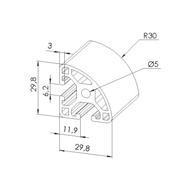 Schéma cotes - Profilé aluminium (Coupe max 3 m) – Rainure 6 mm – R30-90° - Léger - Elcom shop
