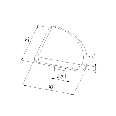 Schéma cotes - Embout profilé aluminium - Rainure 6 mm – Section R30-90° - Noir - Elcom shop