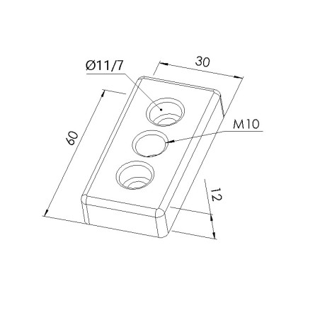 Schéma cotes - Plaque de base profilé aluminium – Section 60x30 mm – Taraudage M12 - Elcom shop