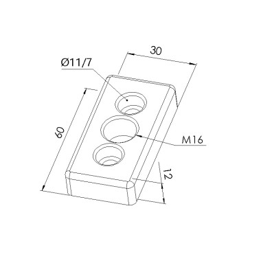 Schéma cotes - Plaque de base profilé aluminium – Rainure 6mm - Section 60x30 mm – M16 - Elcom shop