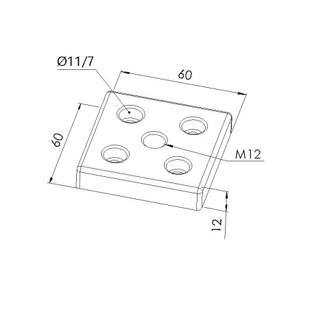 Schéma cotes - Plaque de base profilé aluminium – 6 mm - Section 60x60 mm – Taraudage M12 - Elcom shop