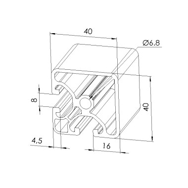 Schéma cotes - Profilé aluminium (Coupe max 6 m) – 8 mm – Section 40x40 mm – 2N90 - Eco - Elcom shop