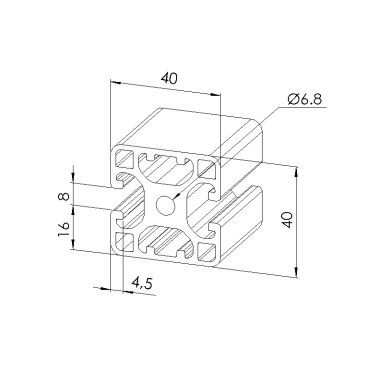 Schéma cotes - Profilé aluminium (Coupe max 6 m) – 8 mm – 40x40 mm – 2N180 - Léger - Elcom shop