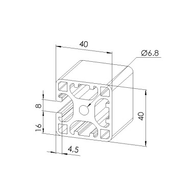 Schéma cotes - Profilé aluminium (Coupe max 6 m) – 8 mm – 40x40 mm – 3N - Léger - Elcom shop