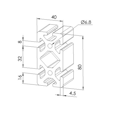 Schéma cotes - Profilé aluminium (Coupe max 6 m) – 8 mm – Section 80x40 mm - lourd - Elcom shop