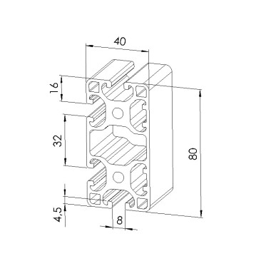 Schéma cotes - Profilé aluminium (Coupe max 6 m) – 8 mm – 80x40 mm – 2N - Léger - Elcom shop