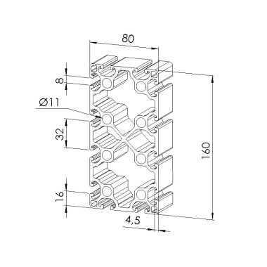 Schéma cotes - Profilé aluminium (coupe max 6 m) – rainure 8 mm – section 160x80 mm - Elcom shop