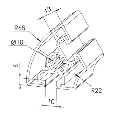 Profilé aluminium - Rainure 10 mm – Section R45/90-60°