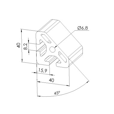 Schéma cotes - Profilé aluminium (Coupe max 6 m) – Rainure 8 mm – 40x40 mm - 45° – Lourd - Elcom shop