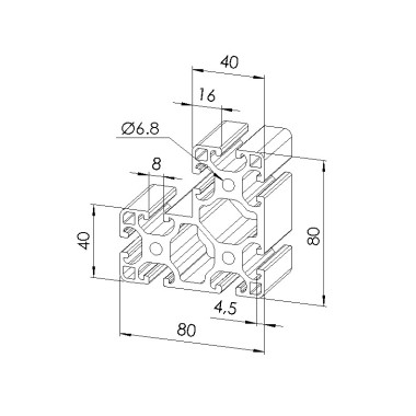 Schéma cotes - Profilé aluminium 8 cornière (Coupe Max 6 m) – rainure 8 mm - section 80X80X40 léger - Elcom shop