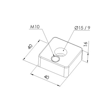 Schéma cotes - Plaque de base profilé aluminium – Section 40x40 mm – Taraudage M10 - Elcom shop