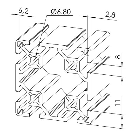 Profilé aluminium (Barre de 6 m) - Rainure 8 mm - Section 60x60 mm - Léger