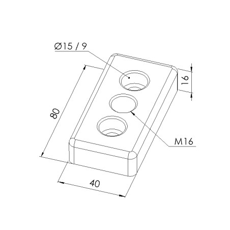 Schéma cotes - Plaque de base profilé aluminium – Section 80x40 mm – M16 - Elcom shop