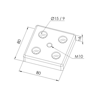 Schéma cotes - Plaque de base profilé aluminium - Rainure 8 mm – Section 80x80 mm – M10 - Elcom shop