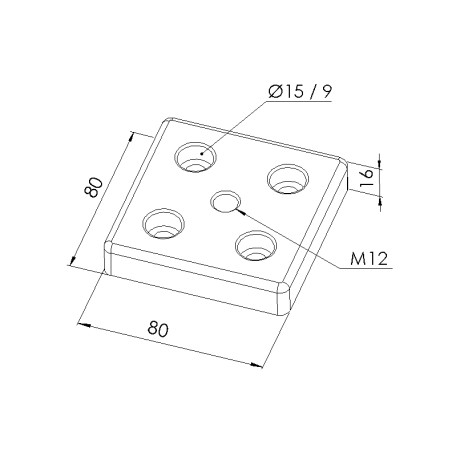 Schéma cotes - Plaque de base profilé aluminium – Section 80x80 mm – Taraudage M12 - Elcom shop