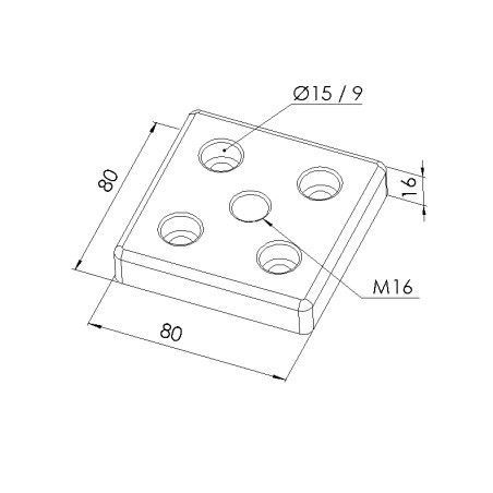 Schéma cotes - Plaque de base profilé aluminium - Rainure 8 mm – Section 80x80 mm – M16 - Elcom shop