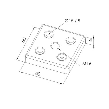 Schéma cotes - Plaque de base profilé aluminium - Rainure 8 mm – Section 80x80 mm – M16 - Elcom shop