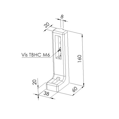 Schéma cotes - Ancrage fixation au sol profilé aluminium – Rainure 8 mm – 160x160 mm - Elcom shop