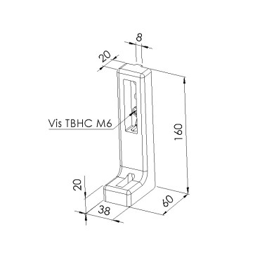 Schéma cotes - Ancrage fixation au sol profilé aluminium – Rainure 8 mm – 160x160 mm - Elcom shop