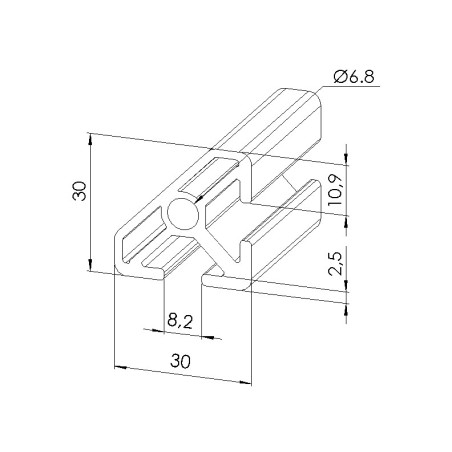 Schéma cotes - Profilé aluminium (Coupe max 6 m) – Rainure 8 mm – Section 30x30 mm - 45° - Elcom shop