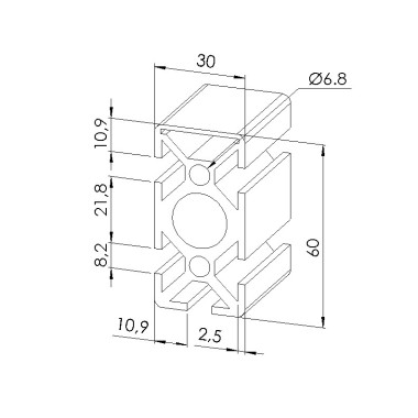 Schéma cotes - Profilé aluminium (Coupe max 6 m) – Rainure 8 mm – Section 60x30 – 1N - Elcom shop