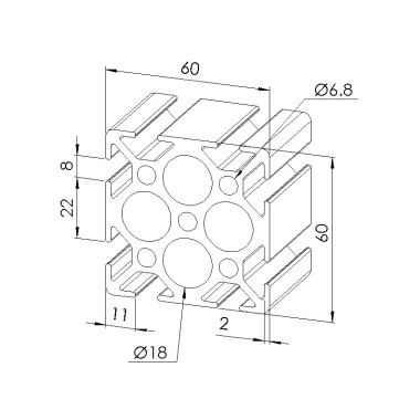 Schéma cotes - Profilé aluminium (Coupe max 6 m) – Rainure 8 mm – Section 60x60 mm - Elcom shop