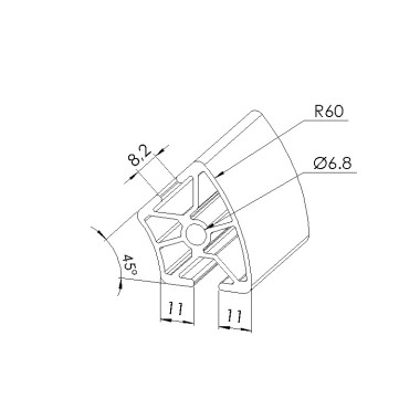 Schéma cotes - Profilé aluminium (Coupe max 6 m) – Rainure 8 mm – Section R30/60-45° - Elcom shop