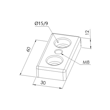 Schéma cotes - Plaque de base profilé aluminium – 8 mm - Section 60x30 mm – Taraudage M8 - Elcom shop