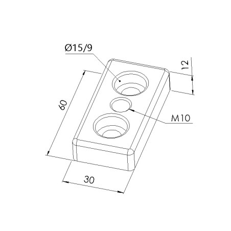 Schéma cotes - Plaque de base profilé aluminium – 8 mm - Section 60x30 mm – Taraudage M10 - Elcom shop