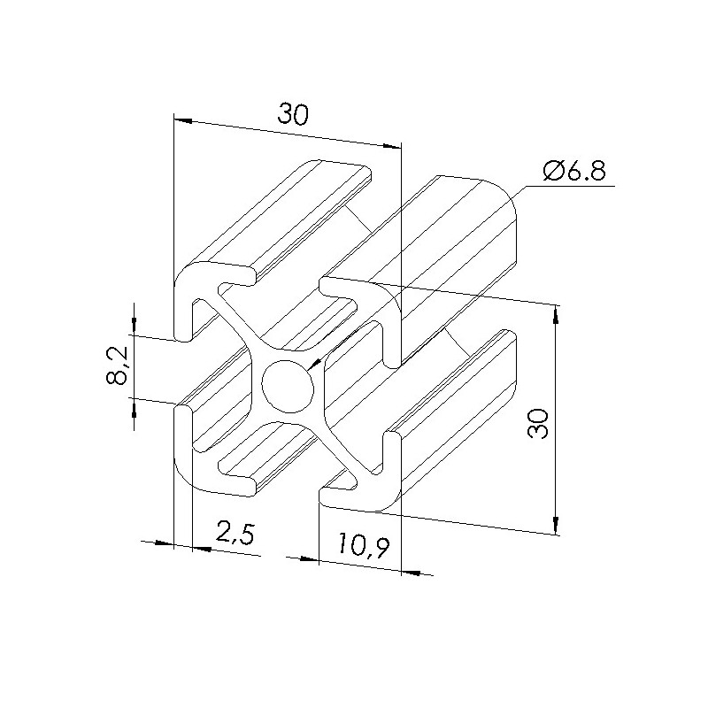 Profilé Aluminium Noir 30x30 Mm Type B Rainure 8 Léger – Longueur 1200 Mm, Anodisé Qualité E6Ev6