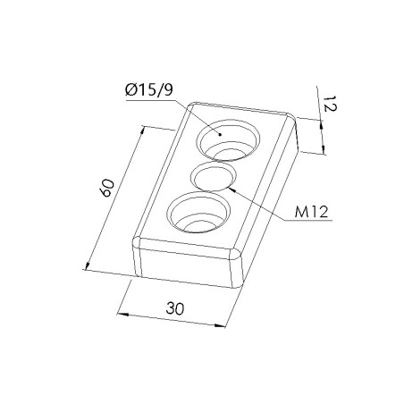 Schéma cotes - Plaque de base profilé aluminium – 8 mm - Section 60x30 mm – Taraudage M12 - Elcom shop