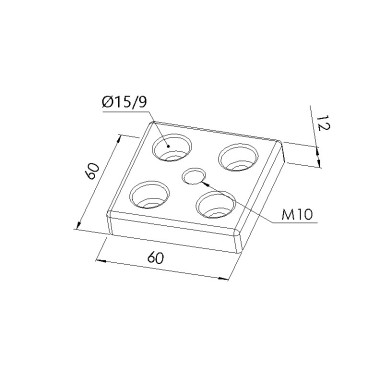 Schéma cotes - Plaque de base profilé aluminium – Section 60x60 mm – Taraudage M10 - Elcom shop