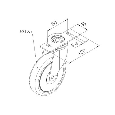 Schéma cotes - Roulette pivotante profilé aluminium – D125 – 120x40 mm - Elcom shop