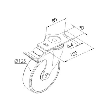 Schéma cotes - Roulette pivotante à blocage profilé aluminium – D125 – 120x40 mm - Elcom shop