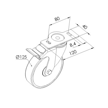 Schéma cotes - Roulette pivotante à blocage profilé – D125 – 120x40 mm - Antistatique - Elcom shop