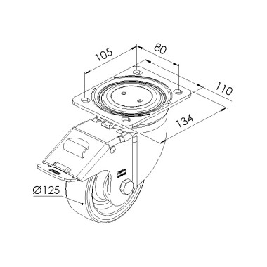 Schéma cotes - Roulette pivotante - à platine 140x110 mm - à blocage – D125 – 350kg - Elcom shop