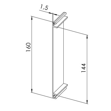 Vue côtée de Couvercle goulotte profilé aluminium (Barre de 3 m) - U - 160 mm