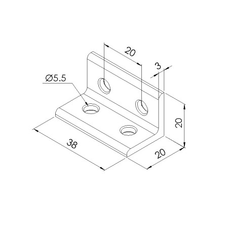 Schéma cotes - Equerre d’assemblage longue profilé aluminium V4 – Section 20x40 mm - Elcom shop